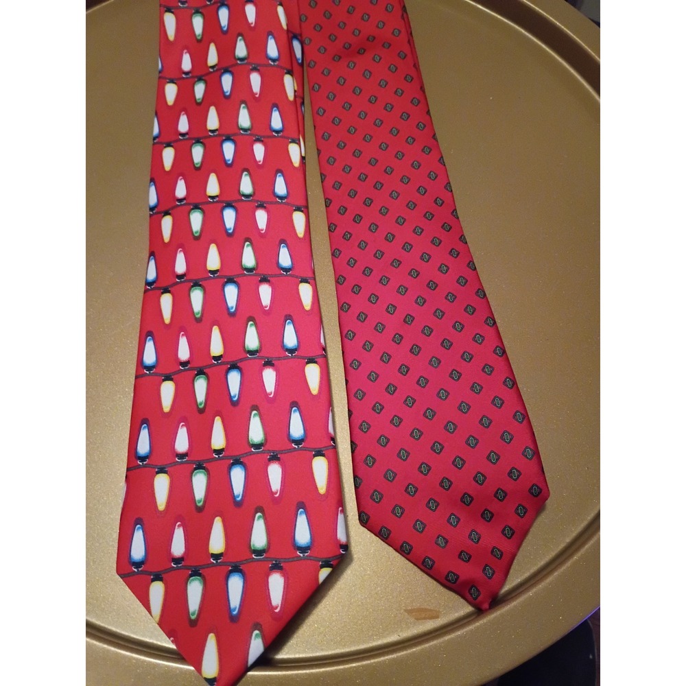 Mens Holiday Tie Bundle Boston Traders Silk Geometric & Christmas Lights Red